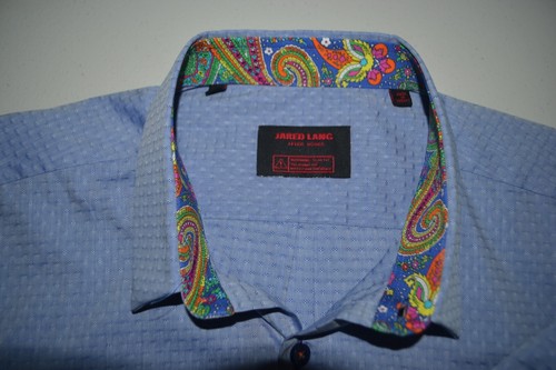 Jared Lang Men Light Blue Geometric Long Sleeve Dress Shirt Size L - Picture 8 of 12