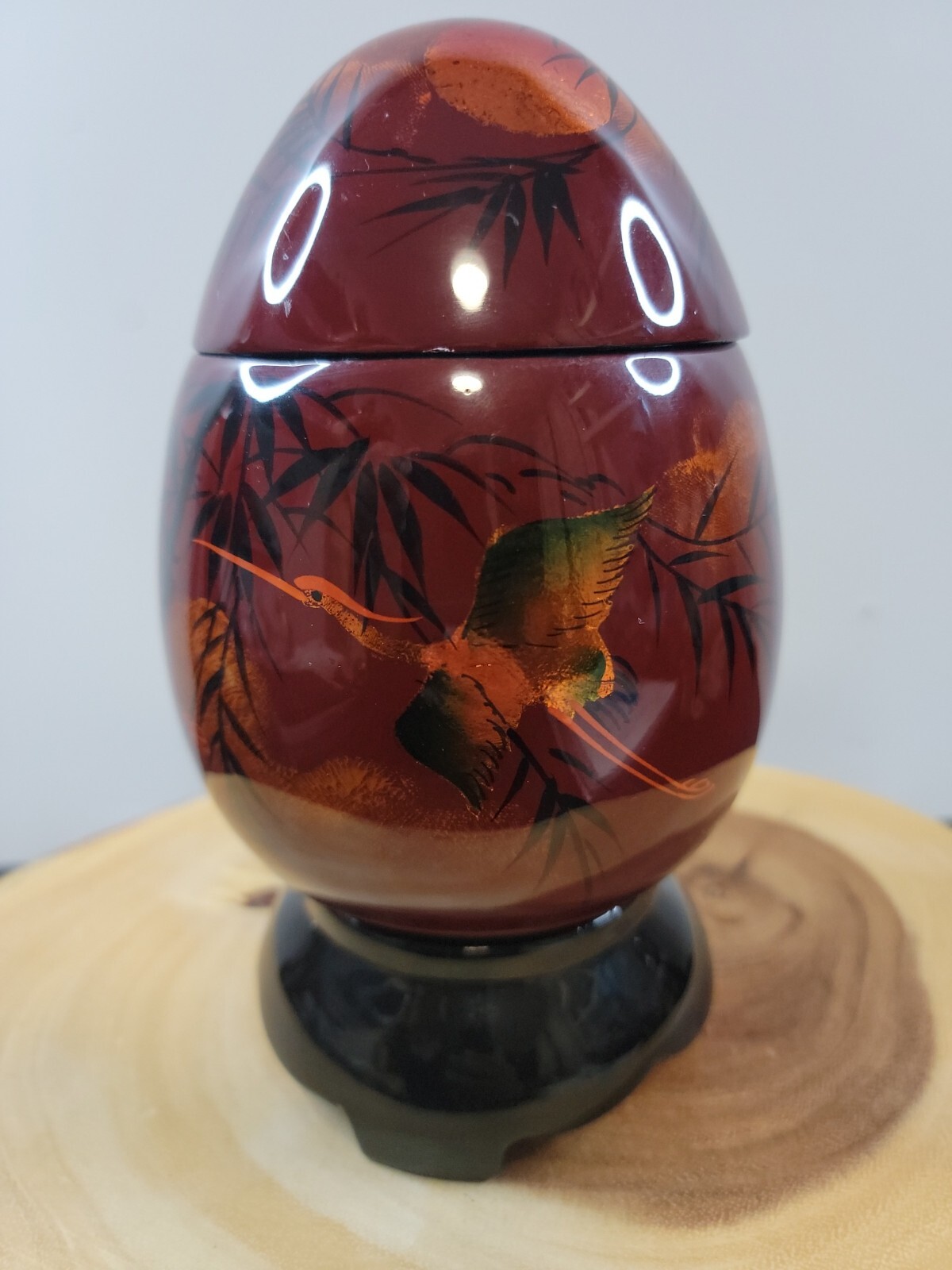 Vietnam Brown Enamel Art Deco Egg Vase Birds The Vaase W/ lid