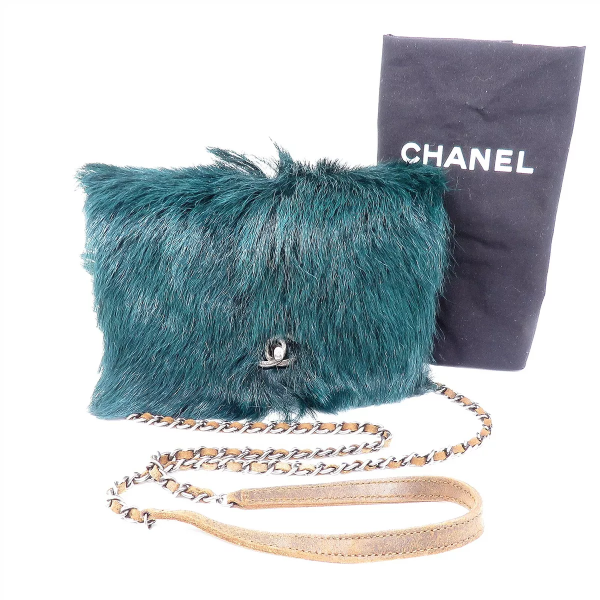 NYJEWEL Chanel Green Fur Purse Shoulder bag 46" Long w Original Card  Dust Bag