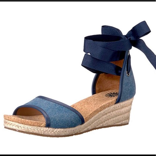 Ugg Amell Sandals Sz 8.5 Blue Denim Wedge Sandals Back Zip Lace Up Espadrille