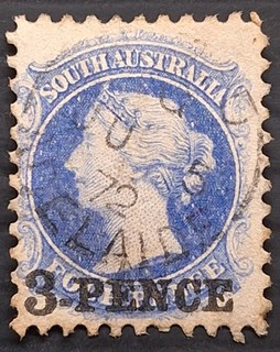 1871 South Australia Black 3 PENCE on 4d Ultramarine S/F stamp P10x10 used C£42
