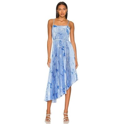 Milly Irene Dress Waterlily Print Pale Blue Pleated Asymmetric Midi Size 4