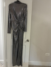 Fashion Nova Take Me Out Maxi Dress Silver Metallic Long Sleeve Women XL Long