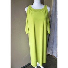 Nine West Cold Shoulder Dress Women 16 Lime Green Smocked Neck Shift Cocktail