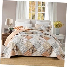Fall Quilt Size Set and Brown Floral Plaid Patchwork Bedspread Queen Beige