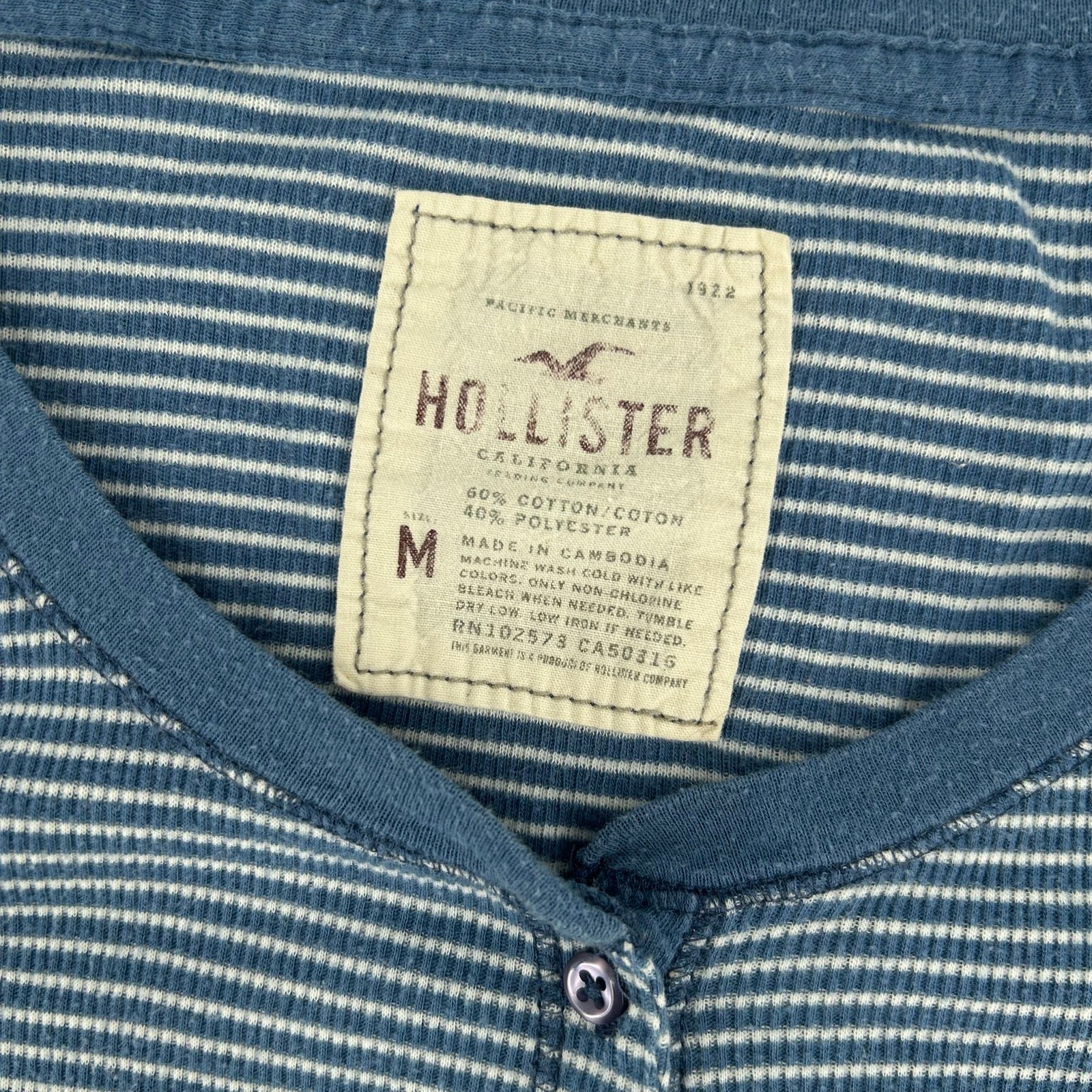 Vintage y2k Women's Blue White Striped Hollister Henley 3/4 Sleeve Shirt Sz M image 3