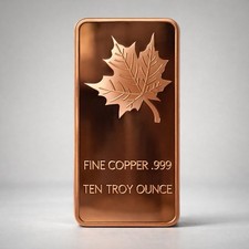 10 OZ Copper Maple Leaf Bullion Bar .999 Fine American Made Pure Copper Polished