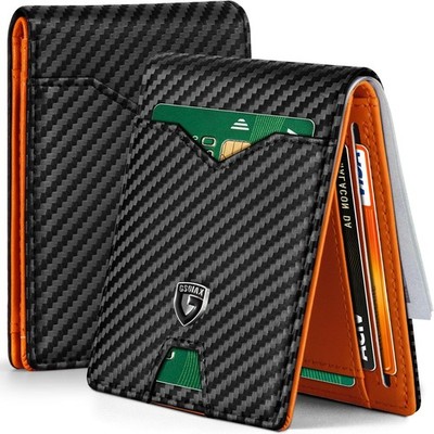 Men s Slim RFID Blocking Wallet Carbon Fiber Bifold Card Holder Black Orange