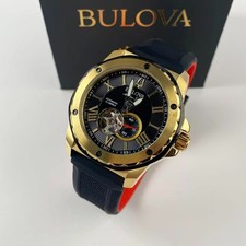 New Bulova Marine Star 98A272 Black Dial Silicone Strap Men's Automatic Watch
