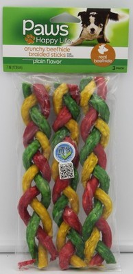Paws Happy Life Crunchy Real Beefhide Braided Sticks Dog Treats 7 in 3 Pack NEW