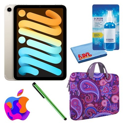 Apple iPad Mini 6 (64GB, Cellular, Starlight) Bundle with Purple Paisley Sleeve