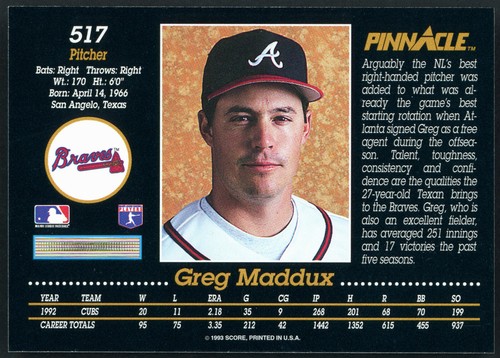 1993 Pinnacle #517 - Greg Maddux - Picture 2 of 2