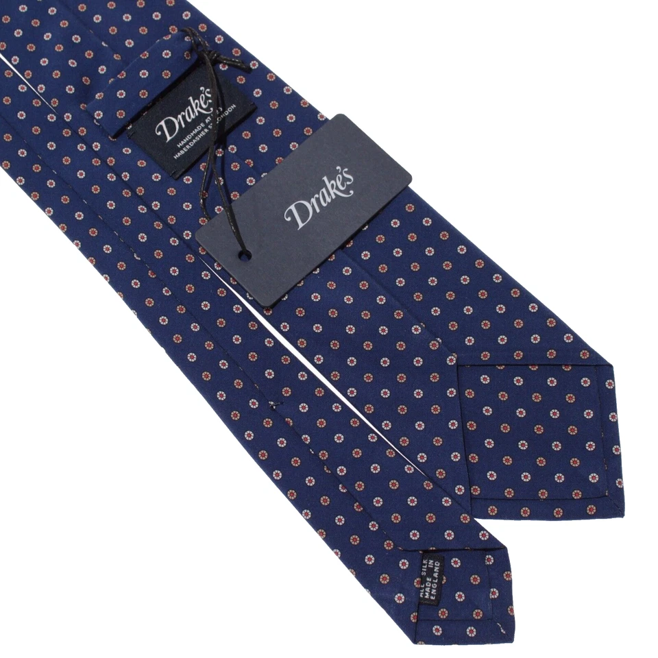 Drake's новый с Ярлыками галстук в синий с желтовато-коричневый/белый/красный мини цветочный принт 100% шелк - Изображение 3 из 4