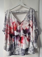 Wallis Womens Cut Off Shoulder Top UK 12 Grey Mix Floral Jersey V Neck Batwings 