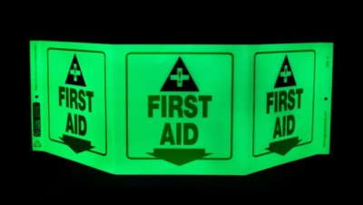 Glow In the Dark First Aid Tri-View Sign w/ Graphics and Down Arrow