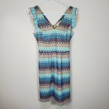 Tabitha Anthropologie Teahouse Dress blue tan mustard cap flutter sleeve Women 0