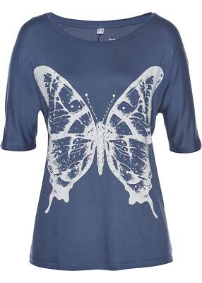 T-Shirt mit Glitzersteinchen Gr. 40/42 Indigo Weiß Silber Damenshirt Bluse Neu