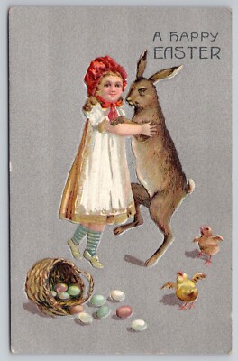 1910s Happy Easter - Little Girl Dances with Huge Fantasy Rabbit - UNP Postcard