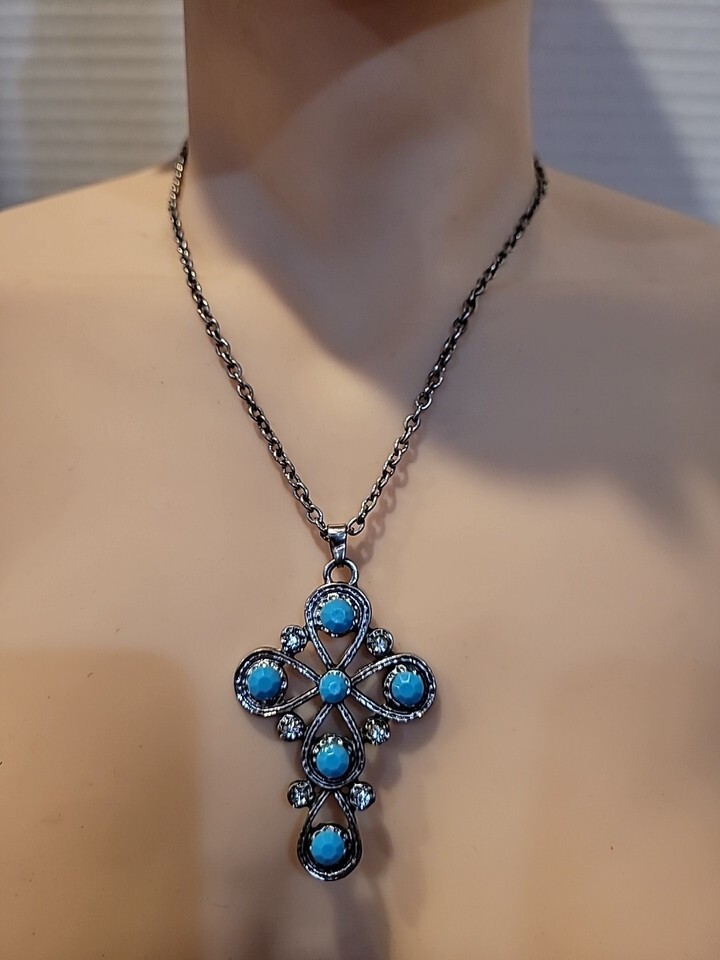 20-Inch Silvertone Turquoise & CZ Cross Pendant Necklace