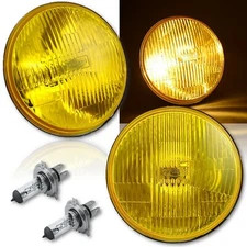 7" H6024/6014 Yellow Amber Stock Glass Headlight H4 Clear Halogen Fog Light Pair