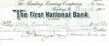 The Reading BrewingCo. Reading,  1905, Bankcheck