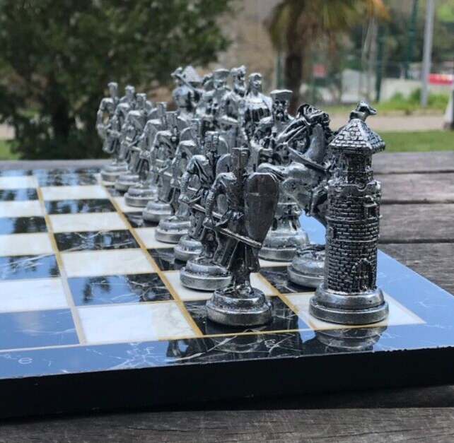Antique Chess Set Crusaders Chessmen Wooden Chess Board, Christmas