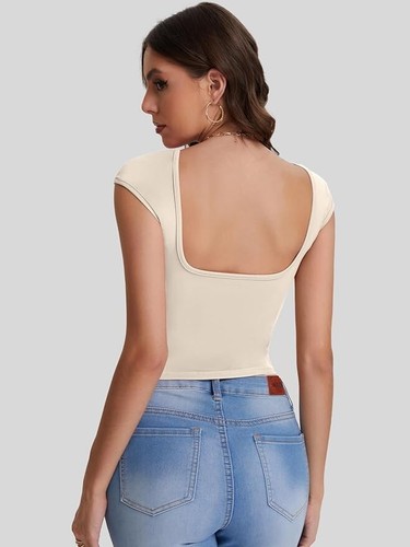 Apricot Womens Sexy Crop Top 2024 Summer Basic Short Sleeve T Shirts Backless - Picture 4 of 4