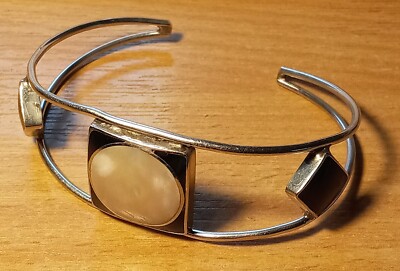 Vintage Silber/Weiß Metall Stein Set Intarsien Manschette Stil Armband