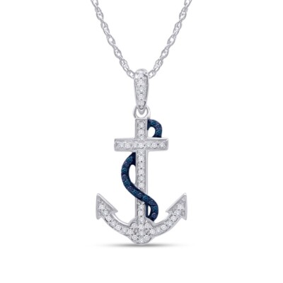 1/10ct Real Blue & White Diamond Anchor Pendant 18'' Necklace 925 Sterling Silver