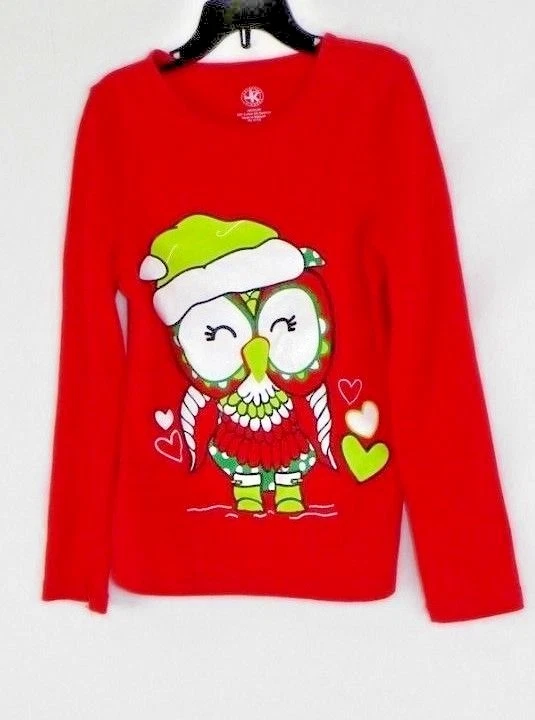 Camiseta J. Caqui Niños Niñas Talla Mediana Roja Manga Larga Brillo Búho Navidad Usada en Excelente Condición Foto 3 de 4