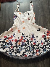 Ladies Rockabilly Dress In White With Butterflies And Black Lace Trim In Size 18