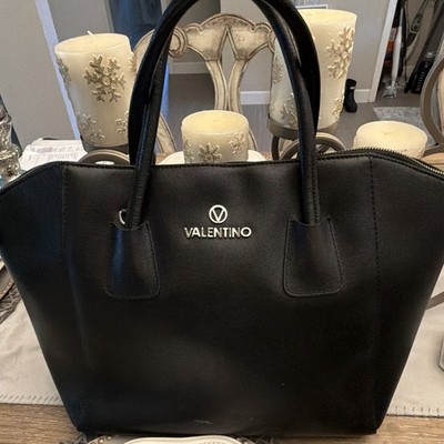 Valentino Black Logo Satchel Top Handle Bag Silver Hardware Zip Double Handles