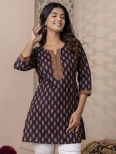 Indian Women Blue Cotton Floral Printed Top Tunic Kurta Kurti New Style Dress