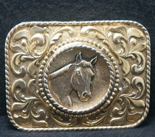 XF11146 VINTAGE 1974 HORSE HEAD ANIMAL PORTRAIT FLORAL ARTWORK BELT BUCKLE
