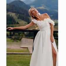 Elegant Off the Shoulder 3D Flowers Wedding Dress Side Split Lace-up Bride Gown