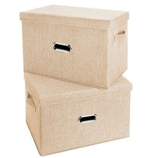 Large Linen Fabric Foldable Storage Bins with Removable Lid and Handles, Wash...