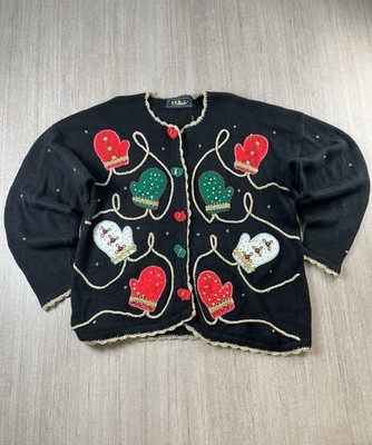 Vintage Belle Pointe Weihnachten Strickjacke Pullover Damen XL schwarz Perlen Fäustlinge