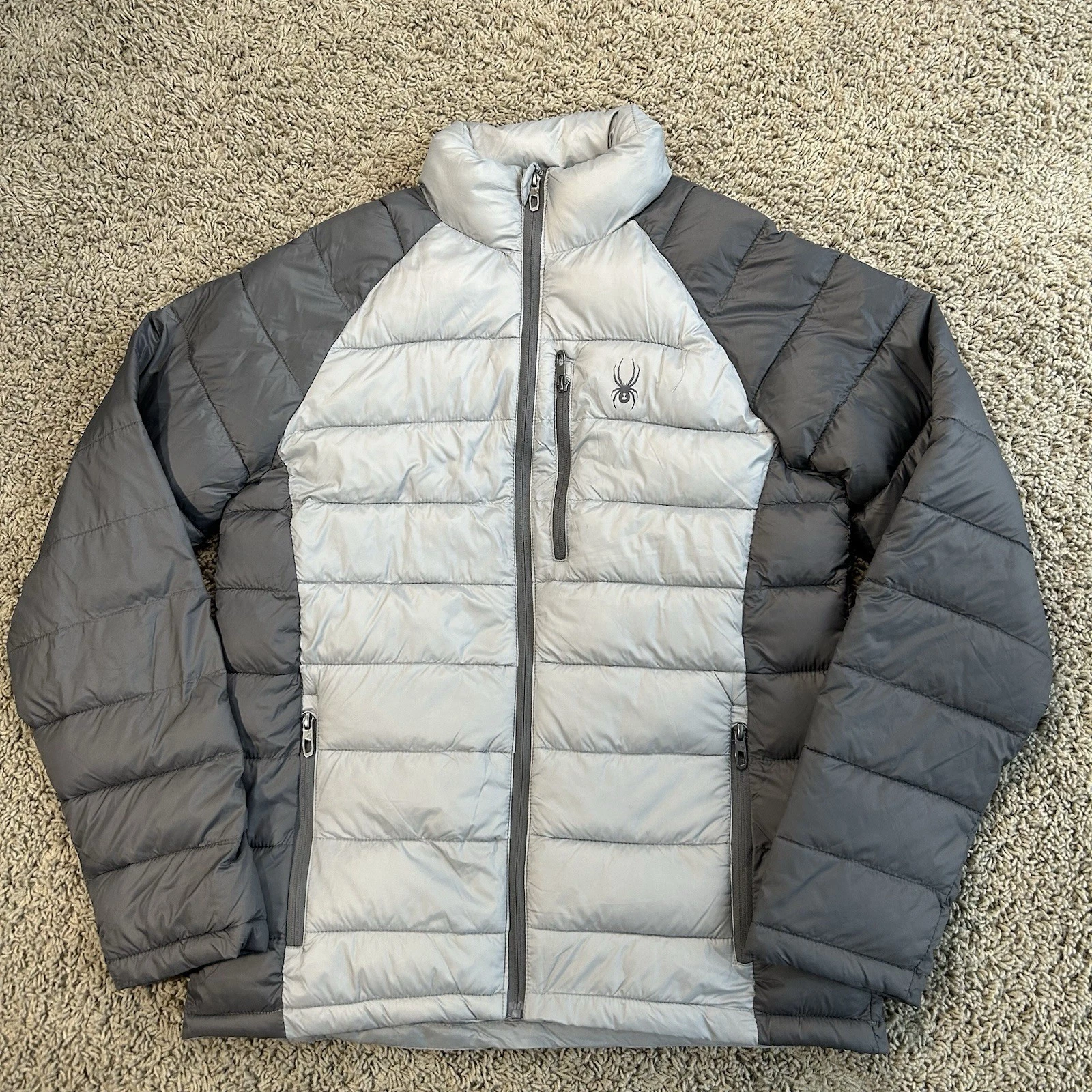 Spyder Jacket Men's Medium Silver/Gray Full Zip Puffer Packable Hybrid Winter
