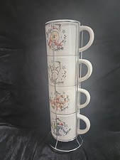 DISNEY Winnie the Pooh Set of 4 double sided Mugs, Stackable Rack, VTG 1-C