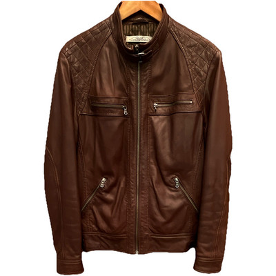 Vintage French Redskins Men's Brown Leather Jacket XL Full Zip Quilted Lined