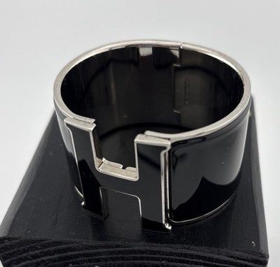 Rare Hermes Extra Wide Clic Clac Silver & Black Bracelet/Bangle 1.5  Wide