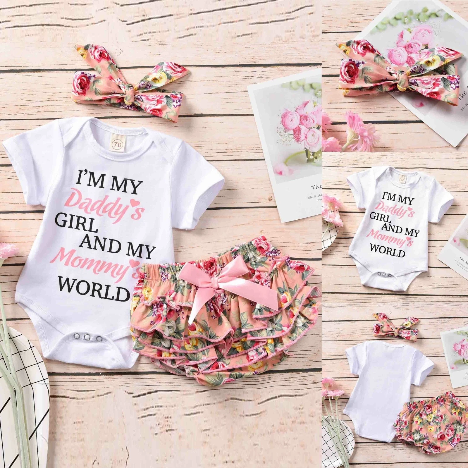 3PCS Newborn Baby Girl Outfits Romper Jumpsuit Tutu Pants Headband Clothes Set