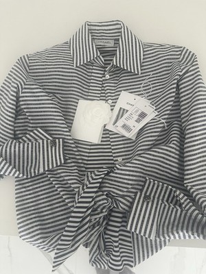 Chanel 20S  Blouse Top LOGO W/tags Receipt Wh/navy