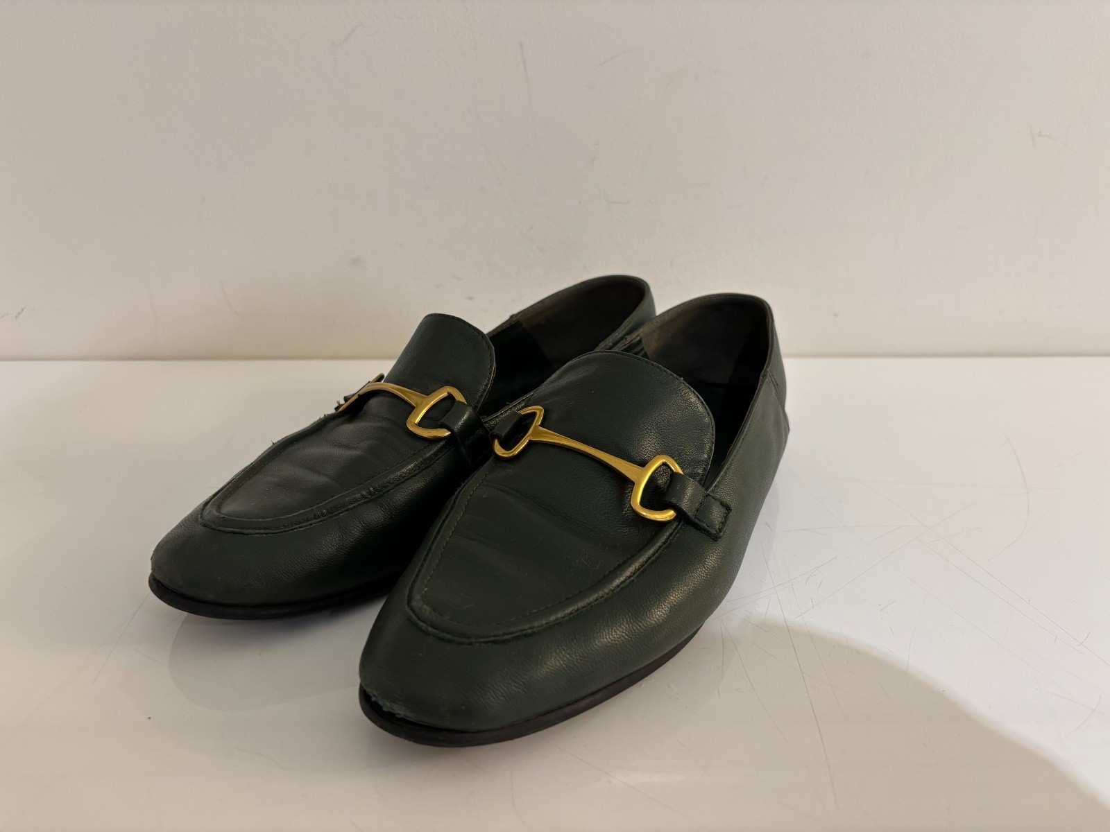 Massimo Dutti Women's Green Leather Loafers with Gold Buckle Size uk 7