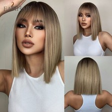 Brown to Blonde Ombre Synthetic Hair Wigs Short Bob Natural Wigs With Bangs