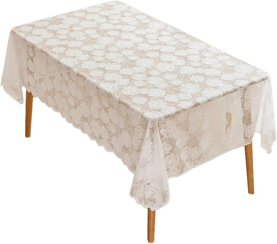 White Embroidered Lace Tablecloth Dining Table Cloth Wedding Party Dinner Decor - Image 2 of 4