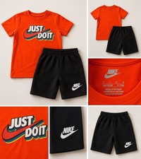 Nike Boys 2-Piece T-Shirt Shorts Set Size 6-7 Orange/Black Logo