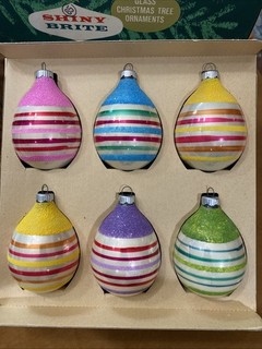 Vintage Shiny Brite Candy Color Mica Striped Glass Ornaments in Box USA