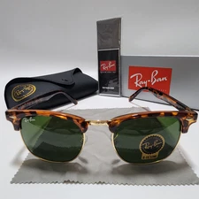 Ray-Ban RB3016 Clubmaster Sunglasses Tortoise Frame Glass Green Lens 51-21 mm