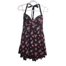 Guess Halter Black Pink Floral Sz 10 Sundress Smocked Bodice Back Tiered Skirt